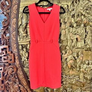 🌟FREE Banana Republic Sleeveless V Neck Sheath Midi Office Dress Fitted Knit Red